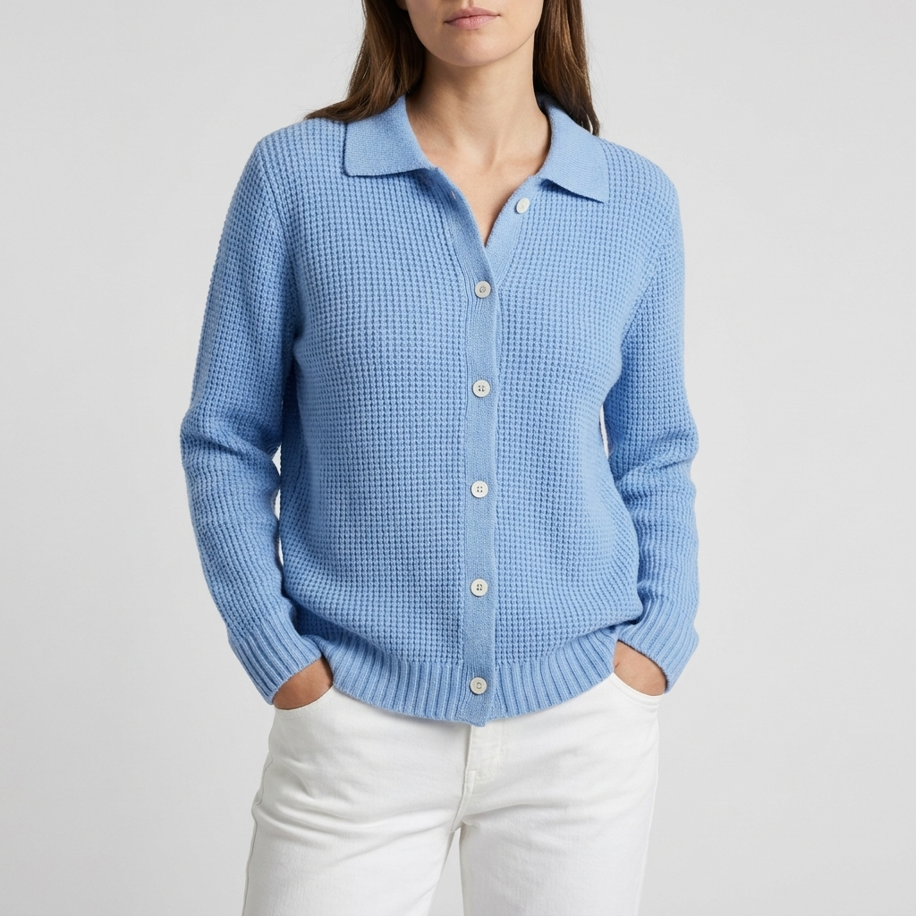 Chunky Knit Cardigan Collar Button Front in blue, studio photo