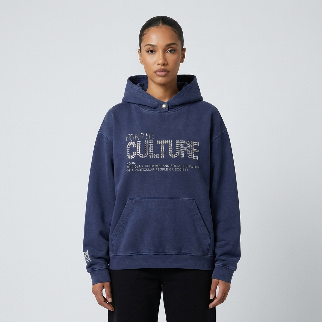 Slogan Print Hoodie Relaxed Fit in blue, studio photo