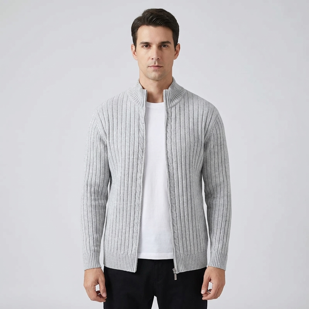 Zip Front Knit Cardigan Ribbed Trim in light gray, studio photo