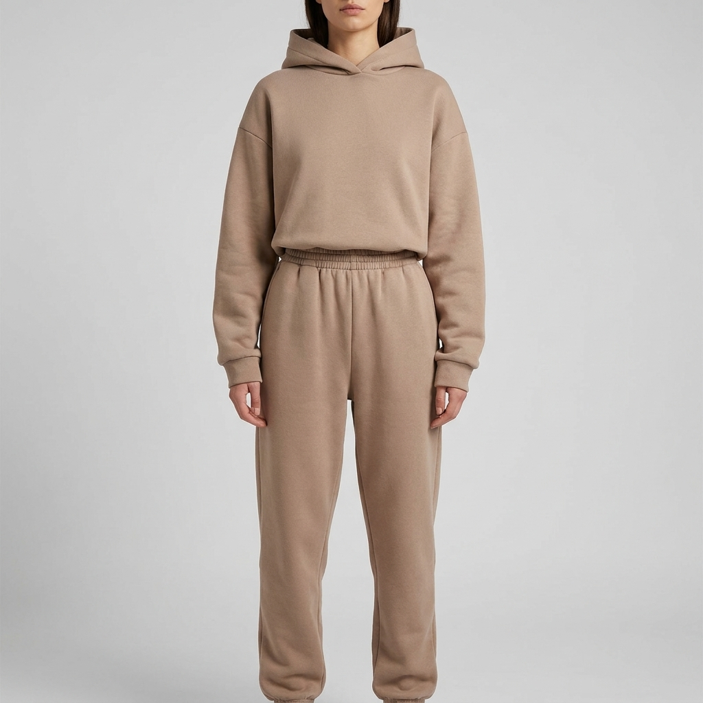 Hooded Jogging Set Two Piece in light brown, studio photo