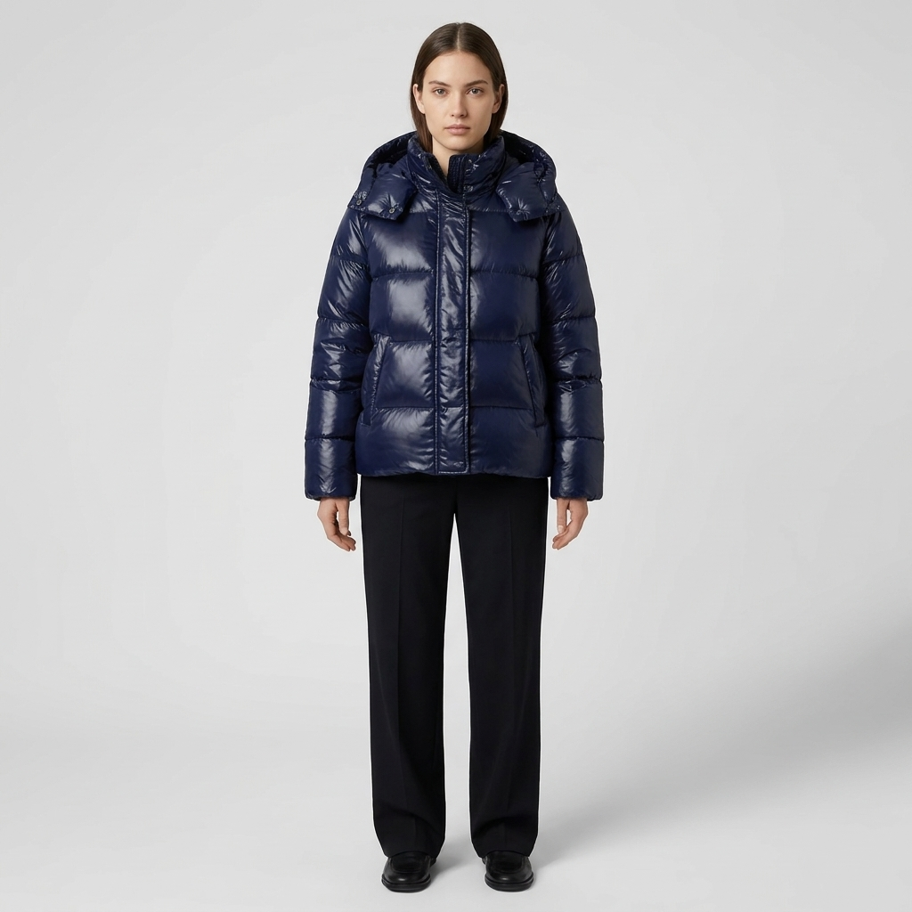 Quilted Winter Jacket Fixed Hood in dark blue, studio photo