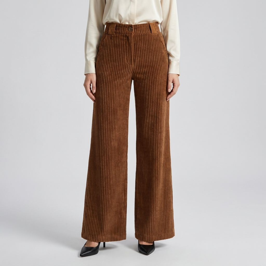High Waist Corduroy Wide Leg Trousers in brown, studio photo