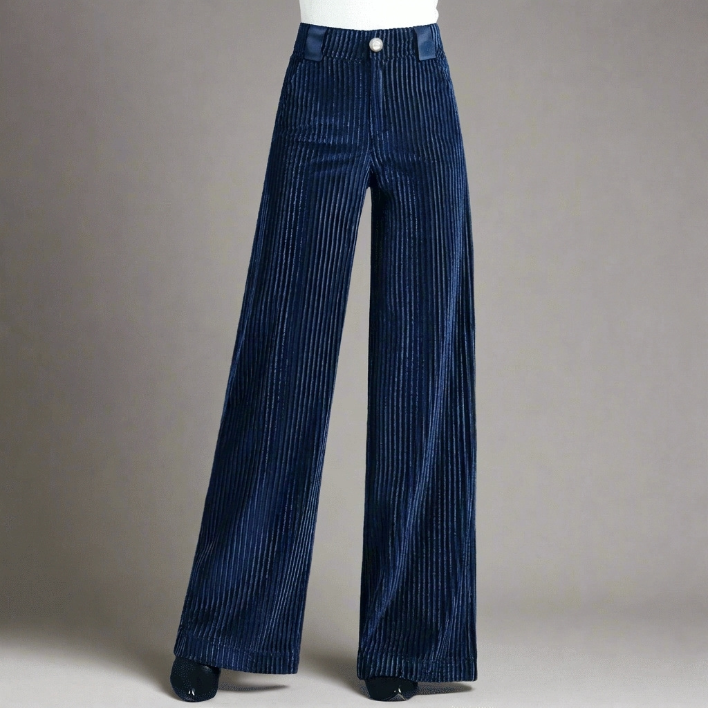 Corduroy Wide Leg Trousers Pearl Button in navy blue, studio photo