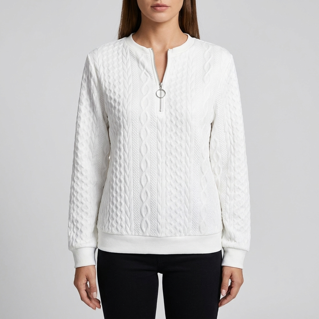 Zip Neck Pullover Soft Comfort in white, studio photo