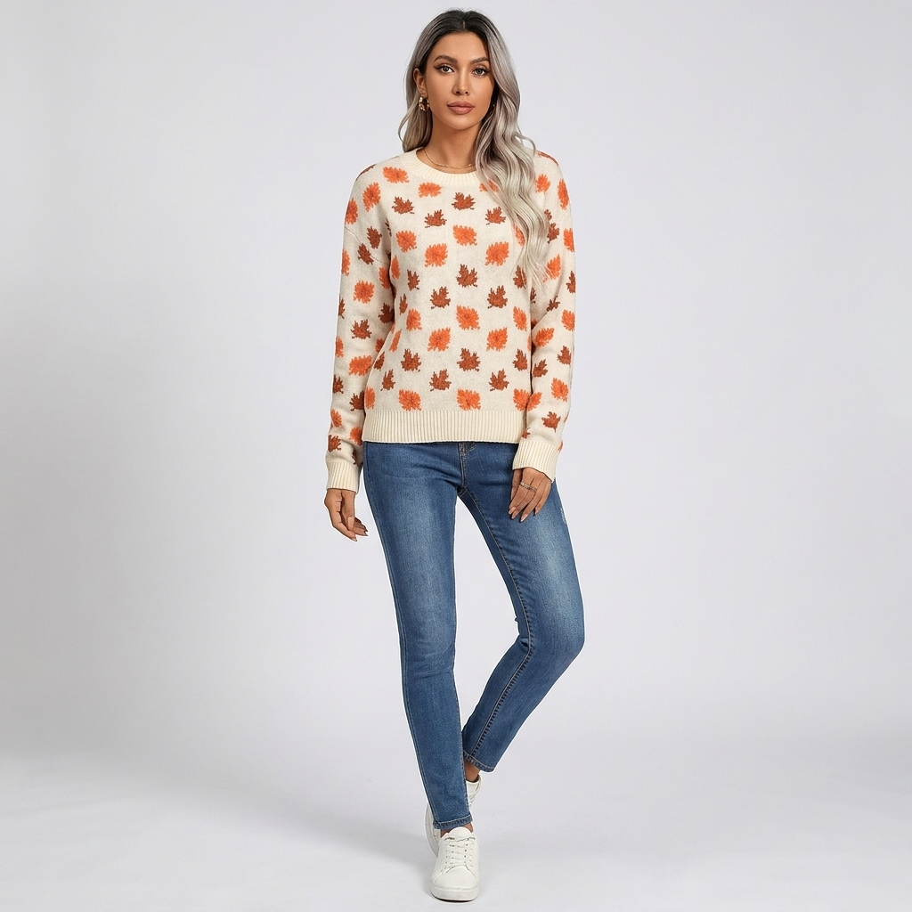 Maple Leaf Brushed Knit Jumper in cream, studio photo