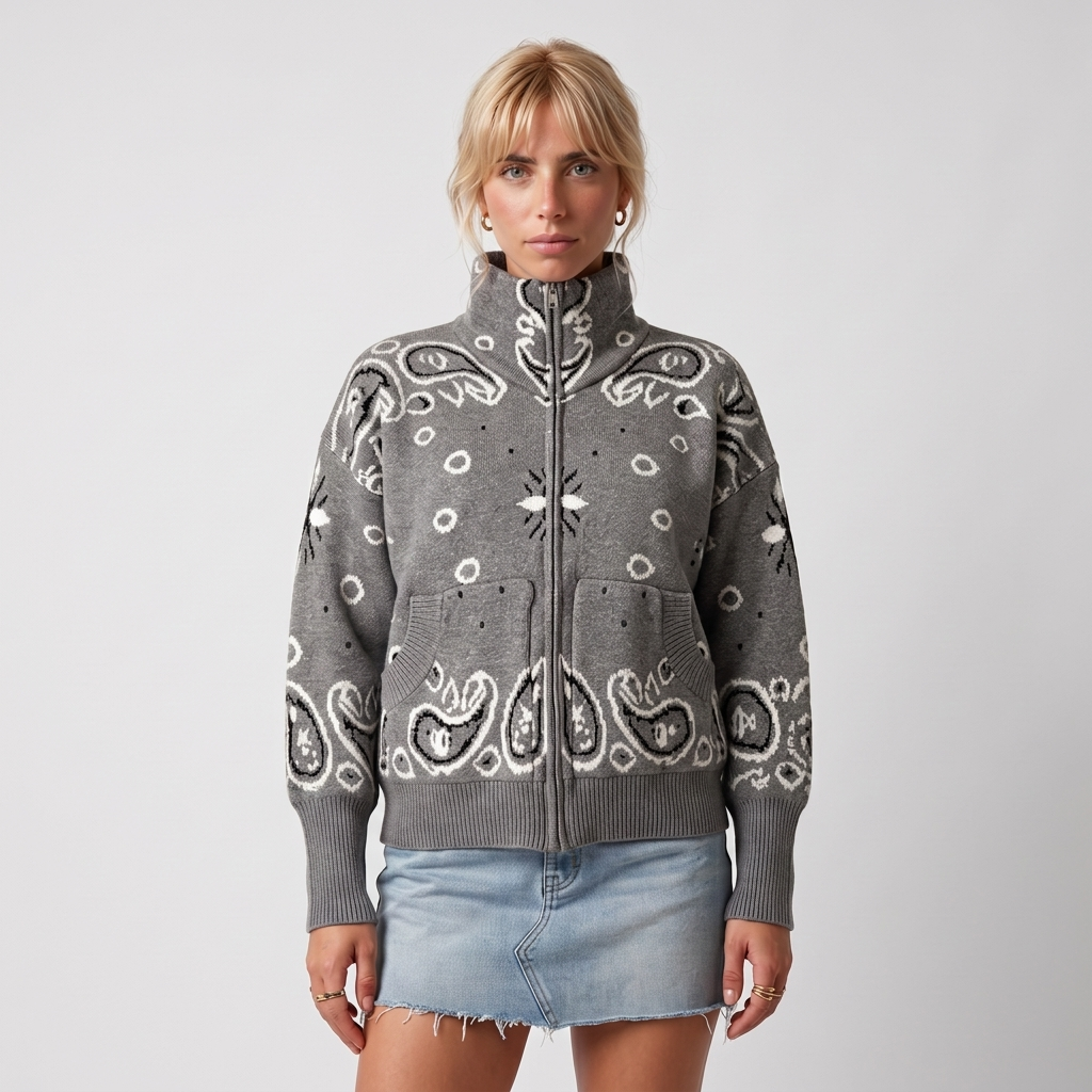 Paisley Print Zip Turtleneck Cardigan in grey, studio photo