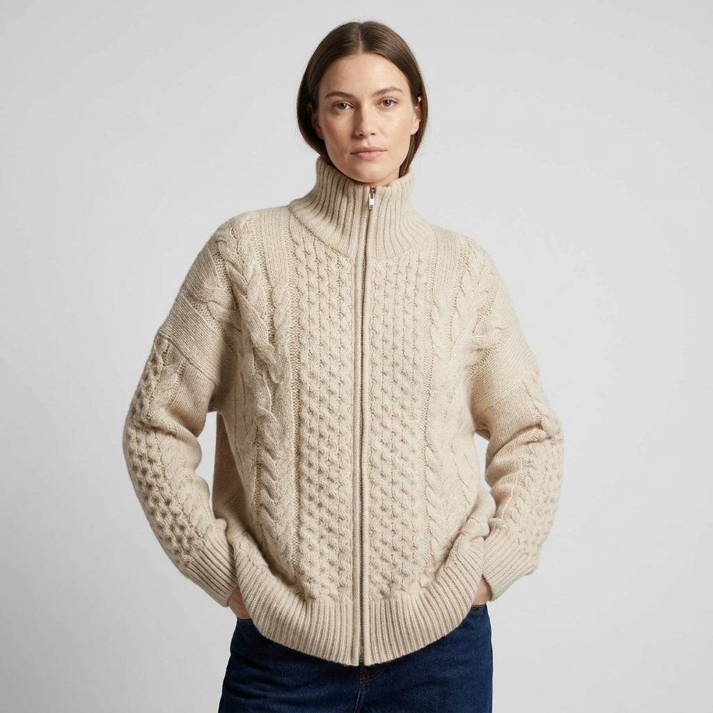 Chunky Cable Knit Full Zip Jumper in beige, studio photo