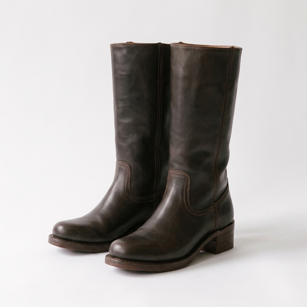 Square Toe Block Heel Boots in brown, studio photo