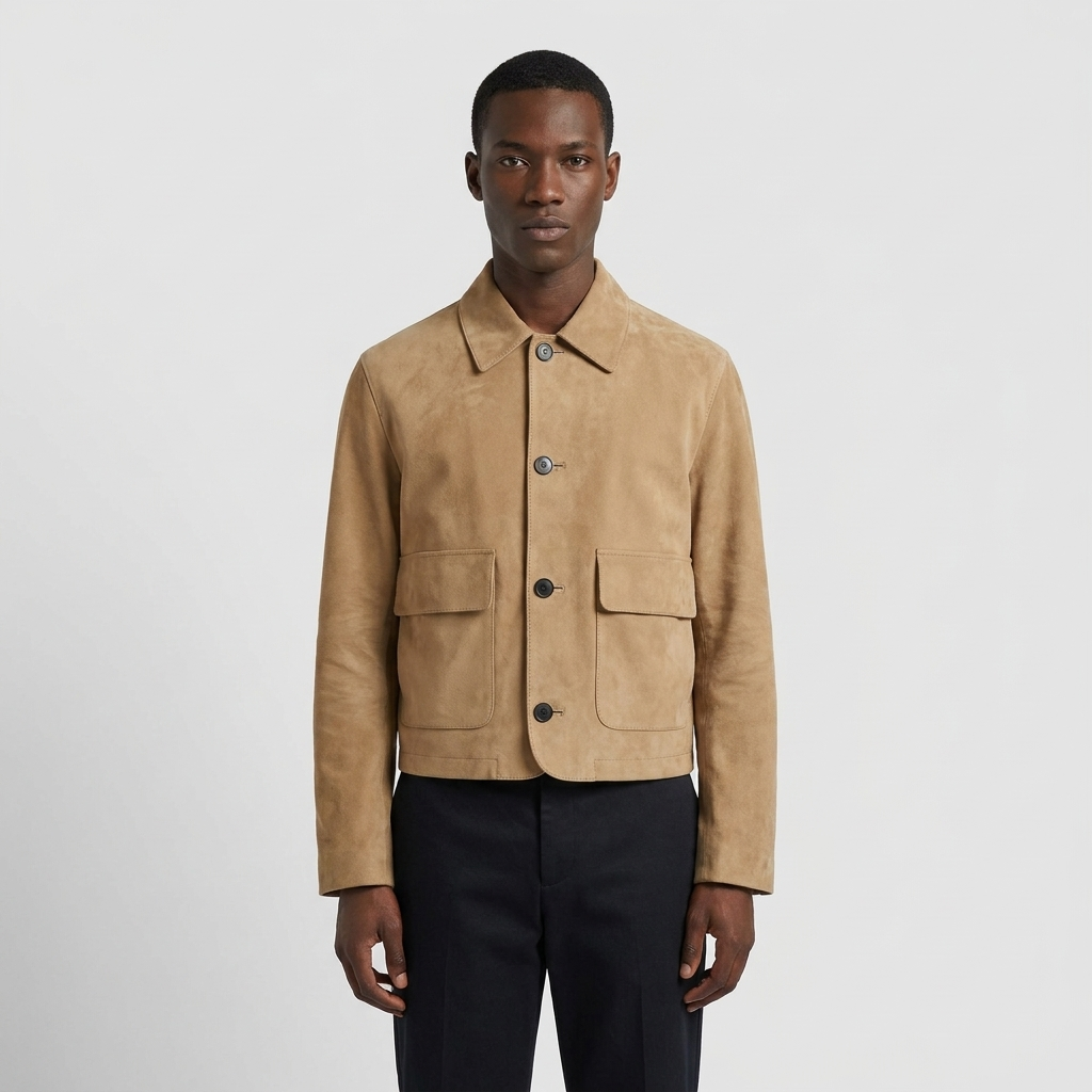 Suede-Look Jacket Shirt Collar Patch Pockets in sand, studio photo