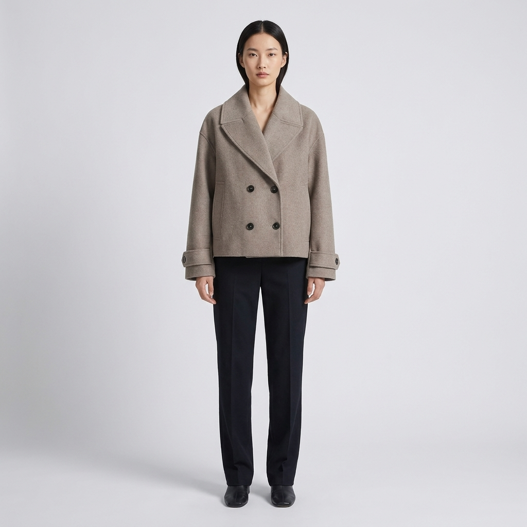 Double Breasted Trench Jacket Lapel Collar in khaki, studio photo