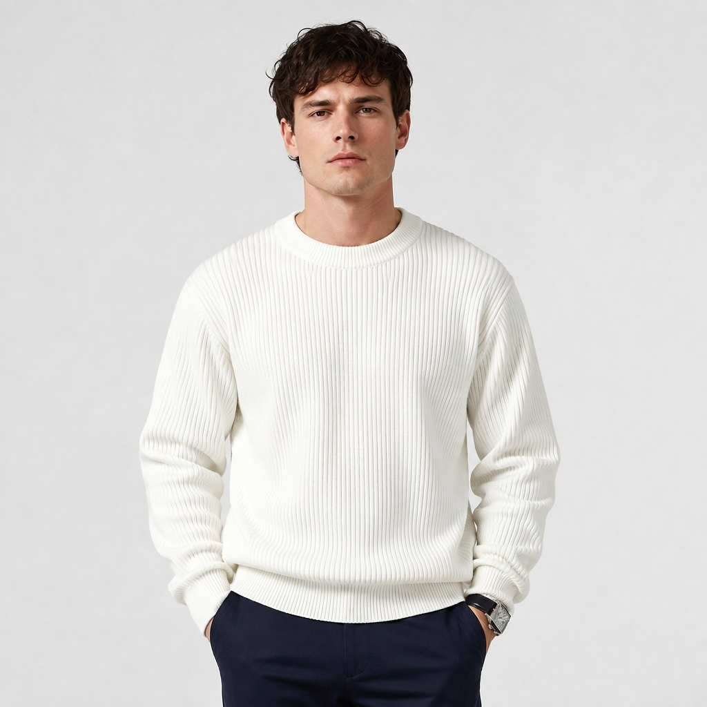 Crew Neck Knit Jumper Loose Fit in ivory white, studio photo