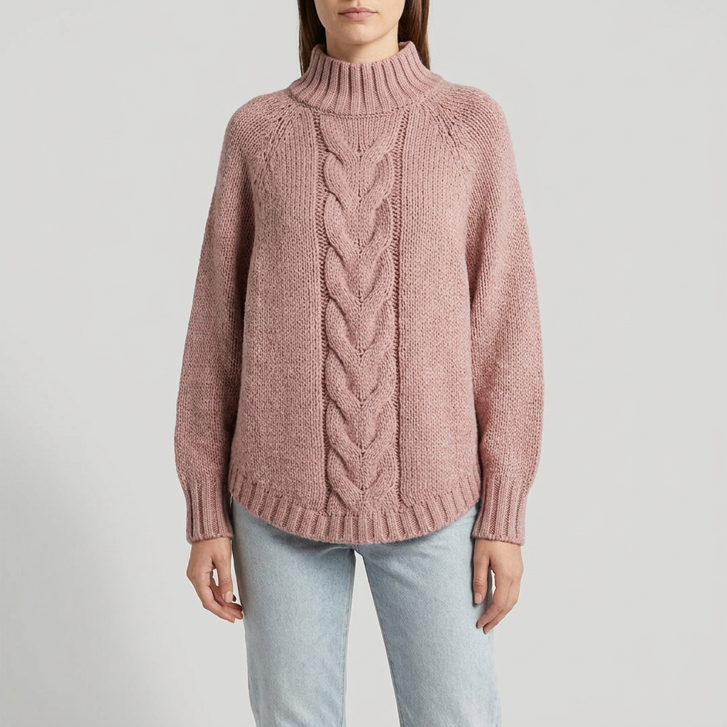 Cable Knit Mock Neck Jumper in pink, studio photo