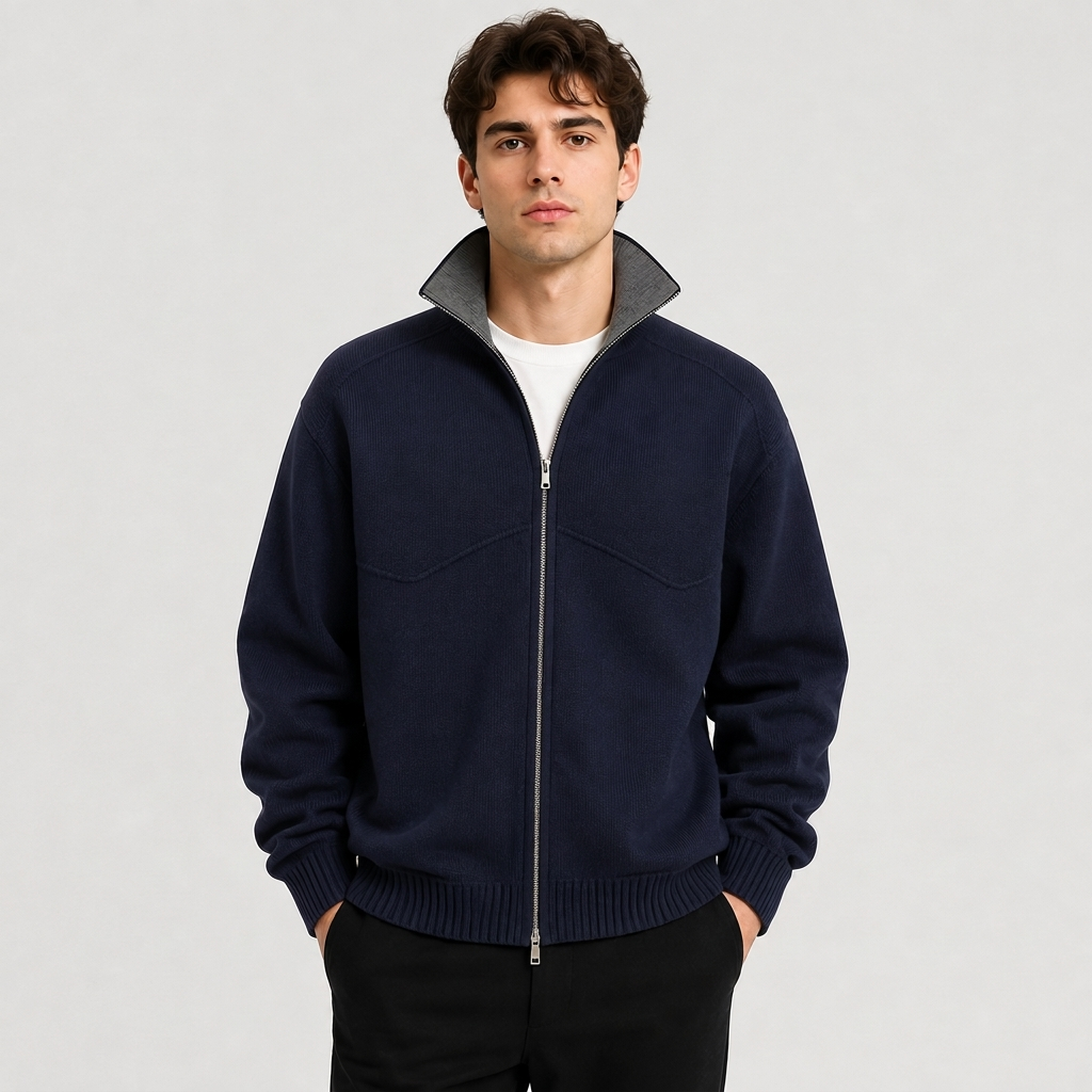 Stand Collar Knit Zip Cardigan in blue, studio photo