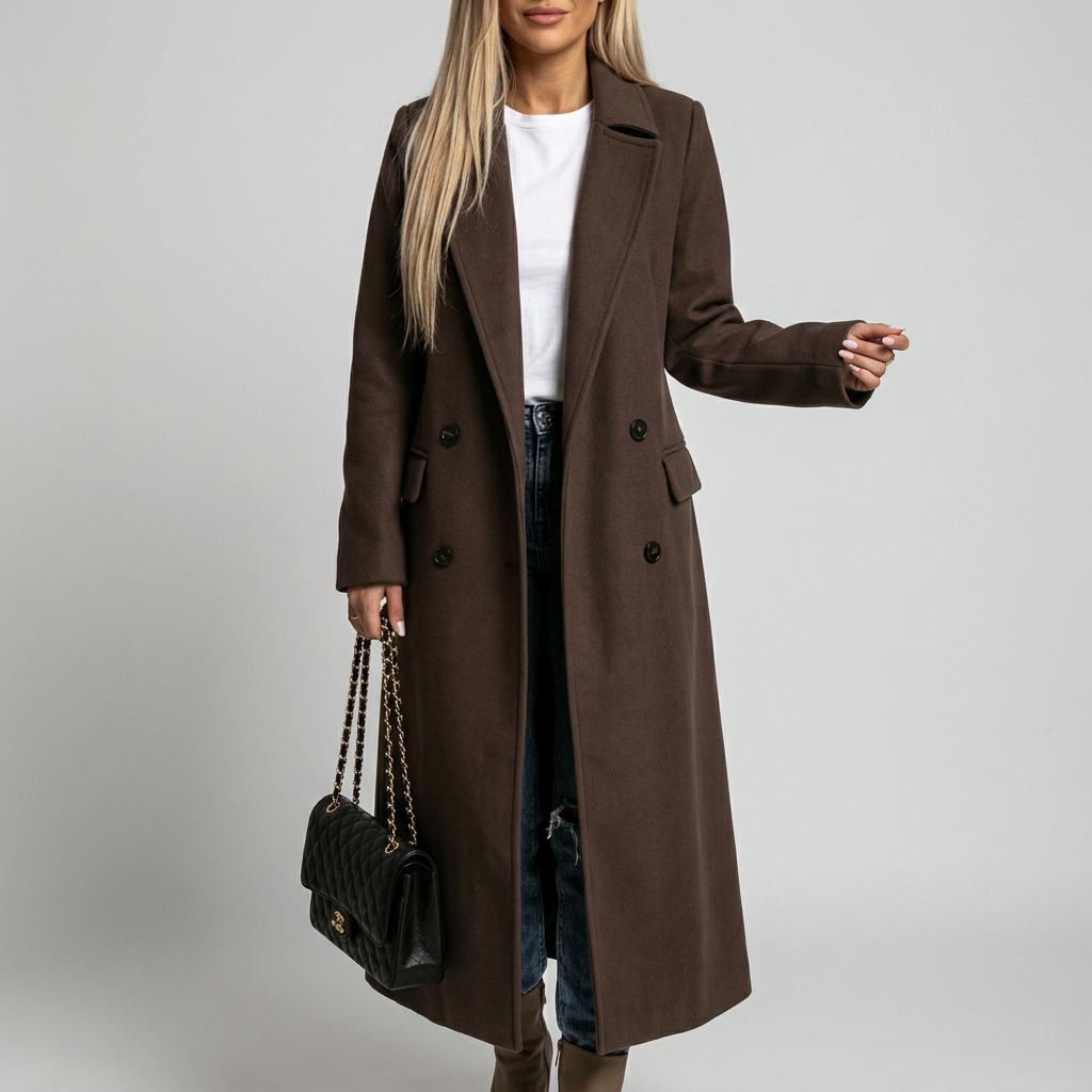 Double Breasted Coat Notch Lapel Warm in chocolate, studio photo