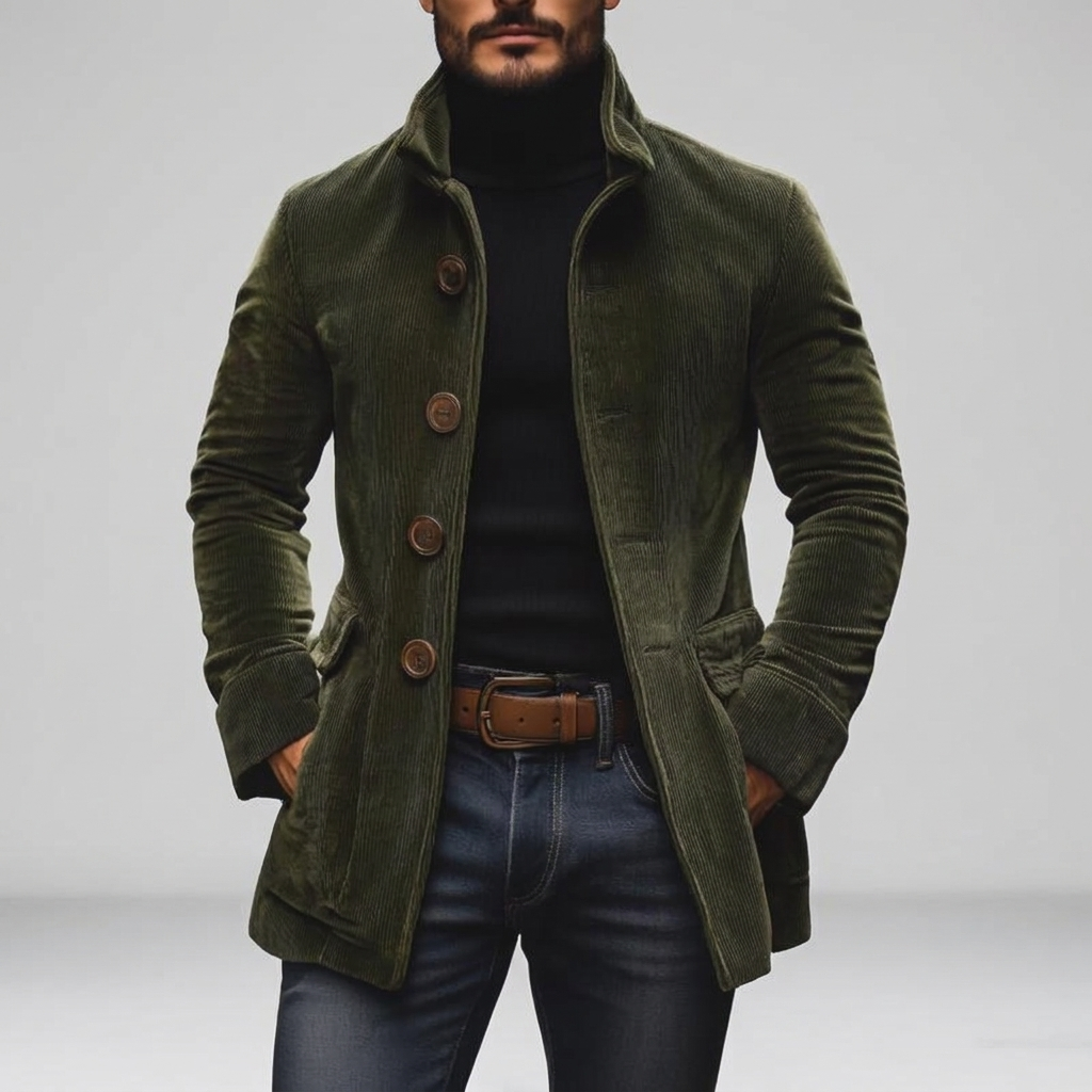 Corduroy Short Coat Stand Collar in army green, studio photo