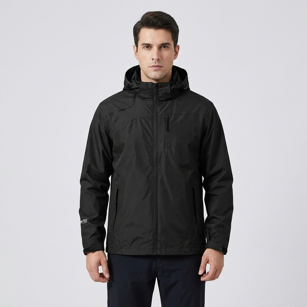 Waterproof breathable windbreaker jacket in grey, studio photo