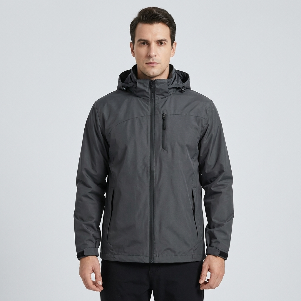 Waterproof breathable windbreaker jacket in grey, second studio view