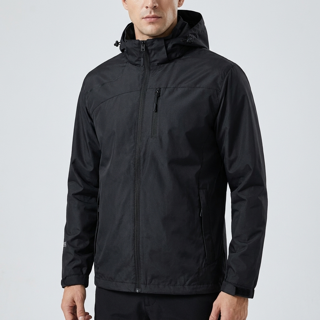 Waterproof breathable windbreaker jacket in black, studio photo
