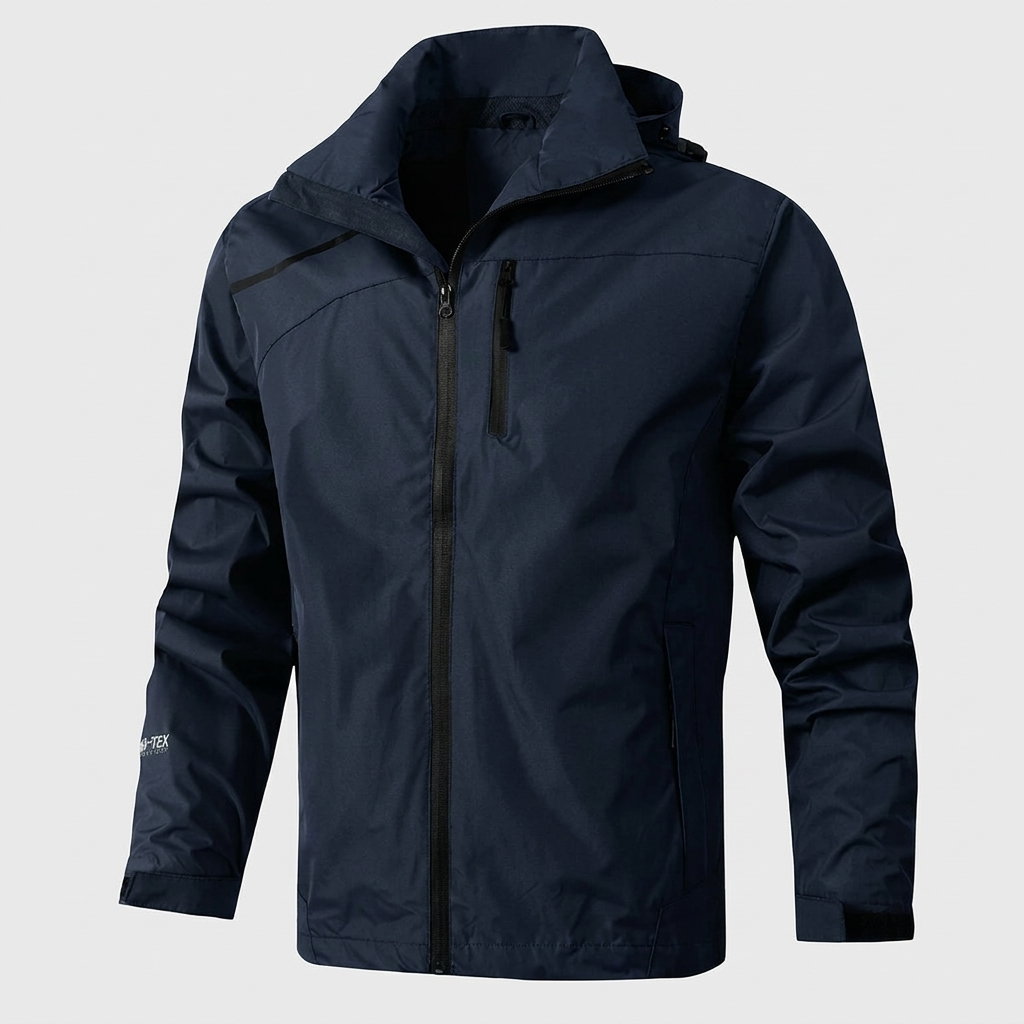 Waterproof breathable windbreaker jacket in navy, studio photo