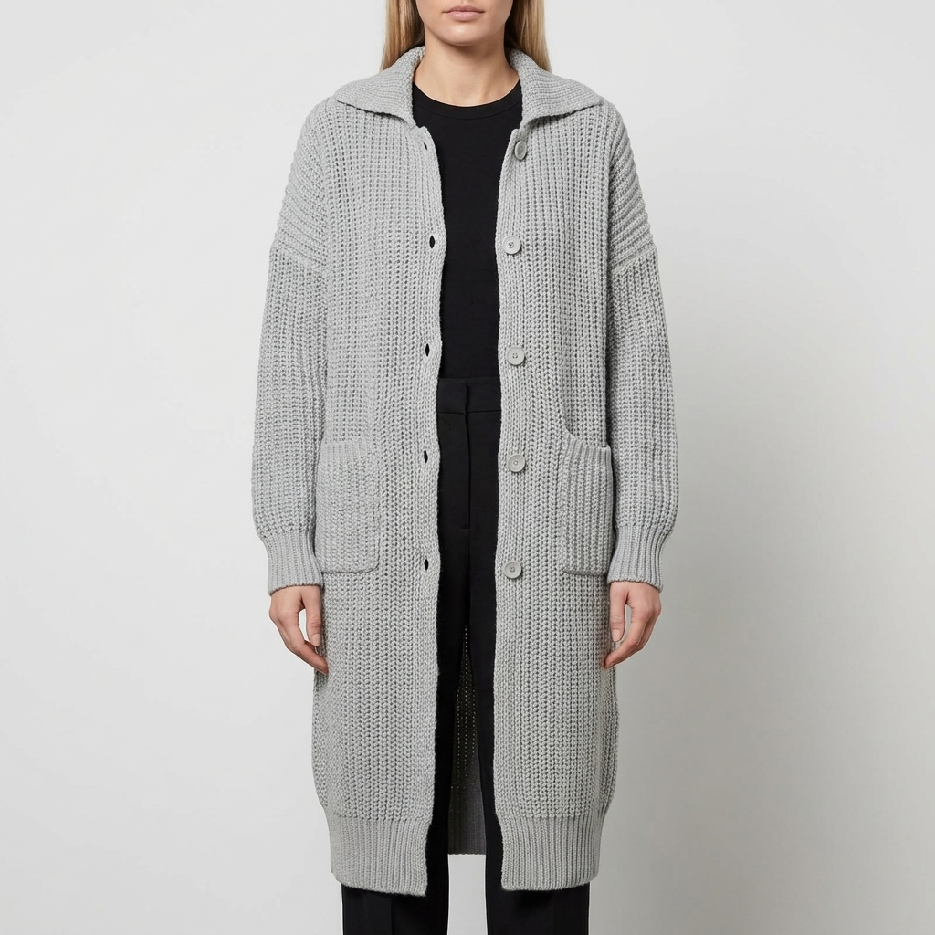 Chunky knit longline cardigan in grey, buttoned, studio photo