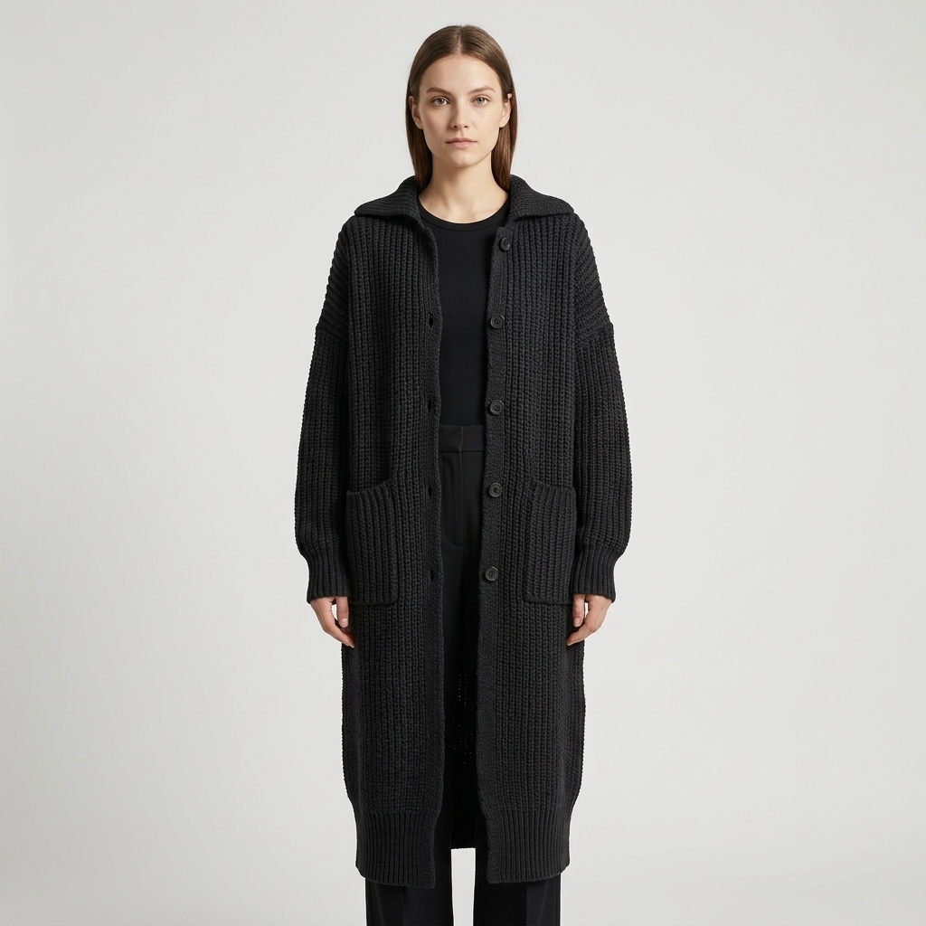 Chunky knit longline cardigan in black, buttoned, studio photo