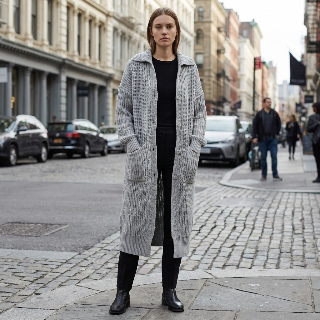 Chunky knit longline cardigan worn open on a city pavement