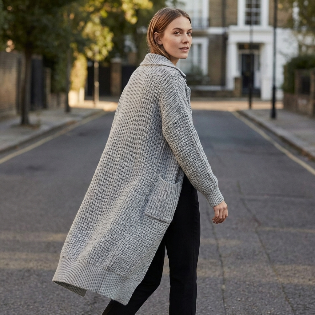 Chunky knit longline cardigan worn open, walking away on a quiet street