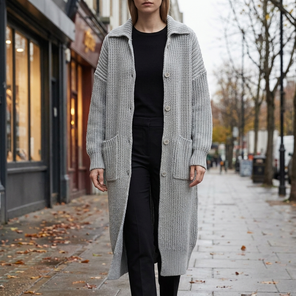 Chunky knit longline cardigan worn open on a city street