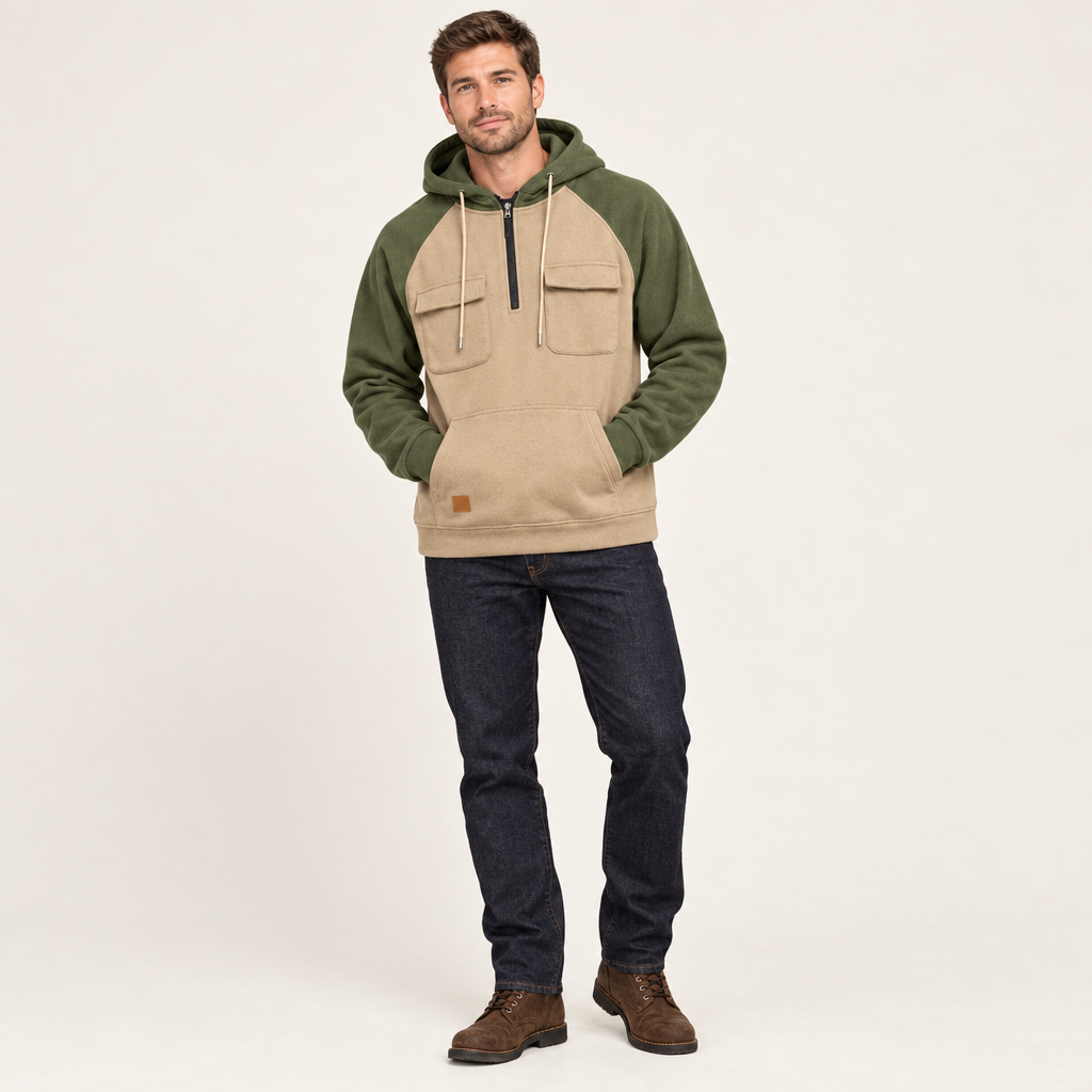 Colour block quarter zip hoodie in khaki with olive sleeves and hood, worn with jeans
