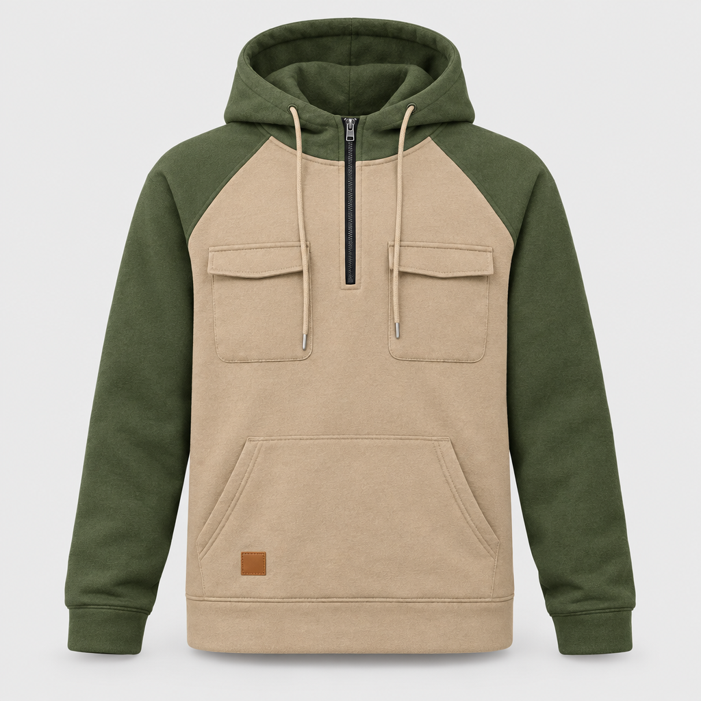 Khaki and olive colour block quarter zip hoodie front view with flap chest pockets