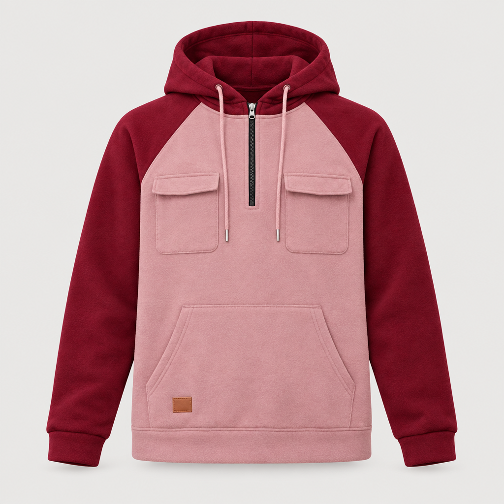 Pink and burgundy colour block quarter zip hoodie front view with flap chest pockets