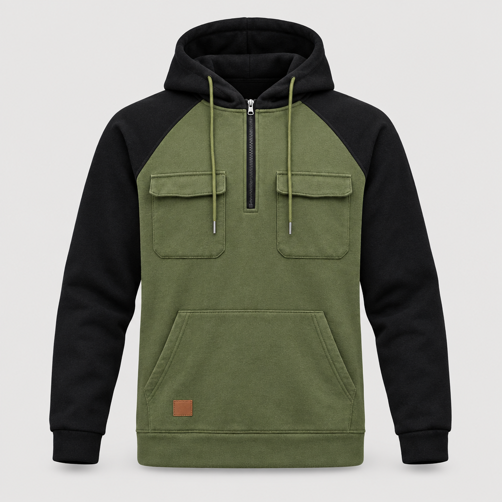 Olive and black colour block quarter zip hoodie front view with flap chest pockets
