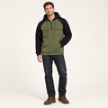 Colour block quarter zip hoodie in olive with black sleeves and hood, worn with jeans
