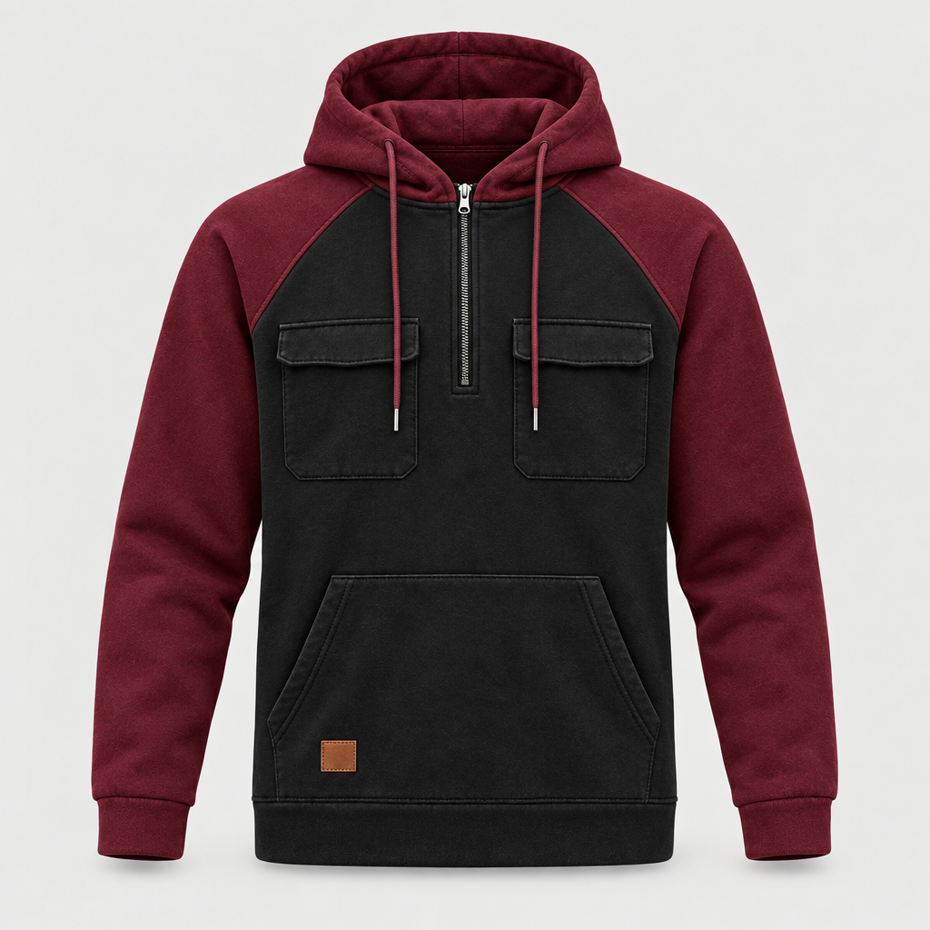 Red colour block quarter zip hoodie front view with flap chest pockets