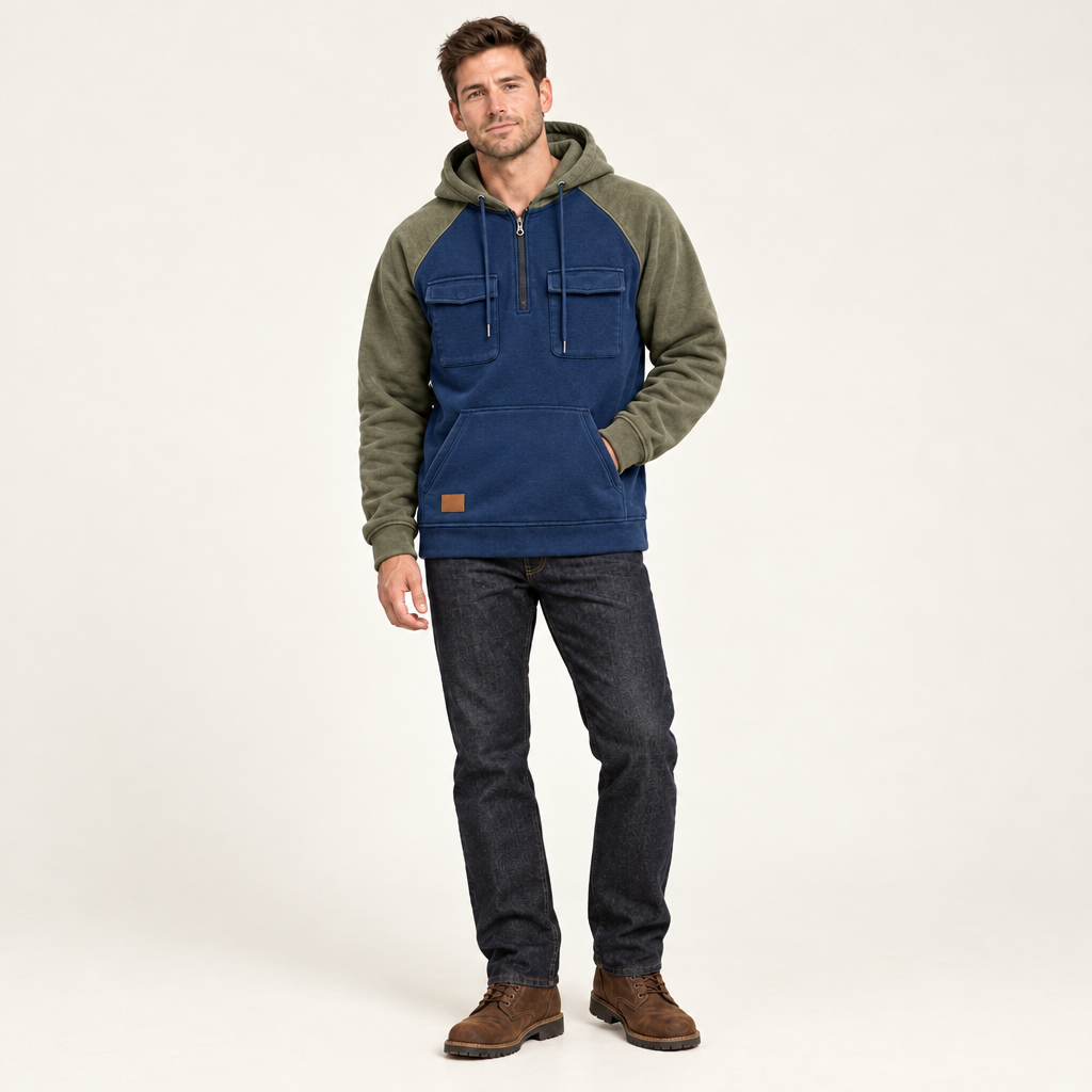 Blue colour block quarter zip hoodie worn with jeans