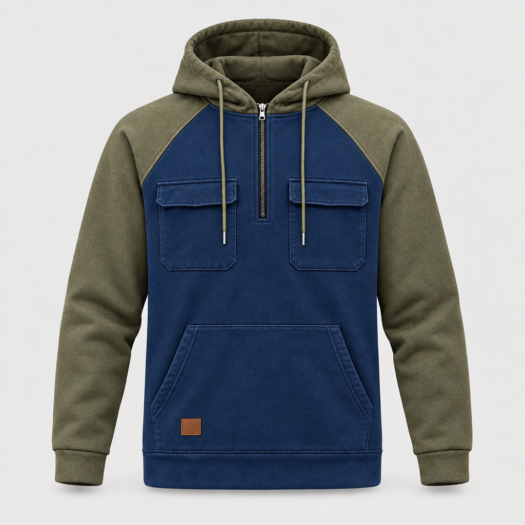Blue colour block quarter zip hoodie front view with flap chest pockets