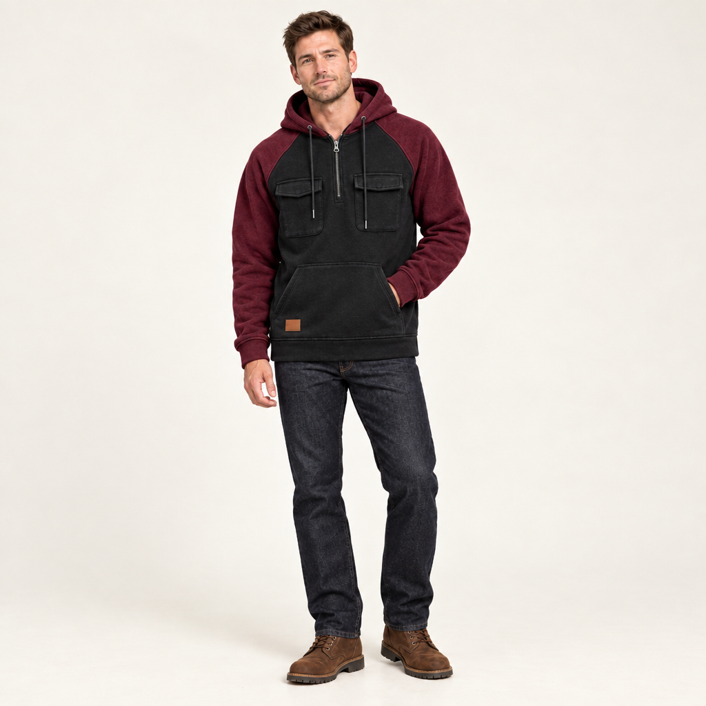 Red colour block quarter zip hoodie worn with jeans