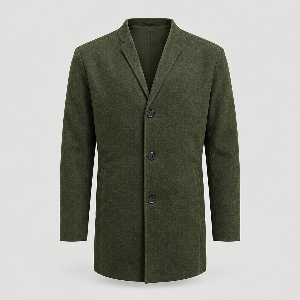 Green collarless wool-blend jacket front view