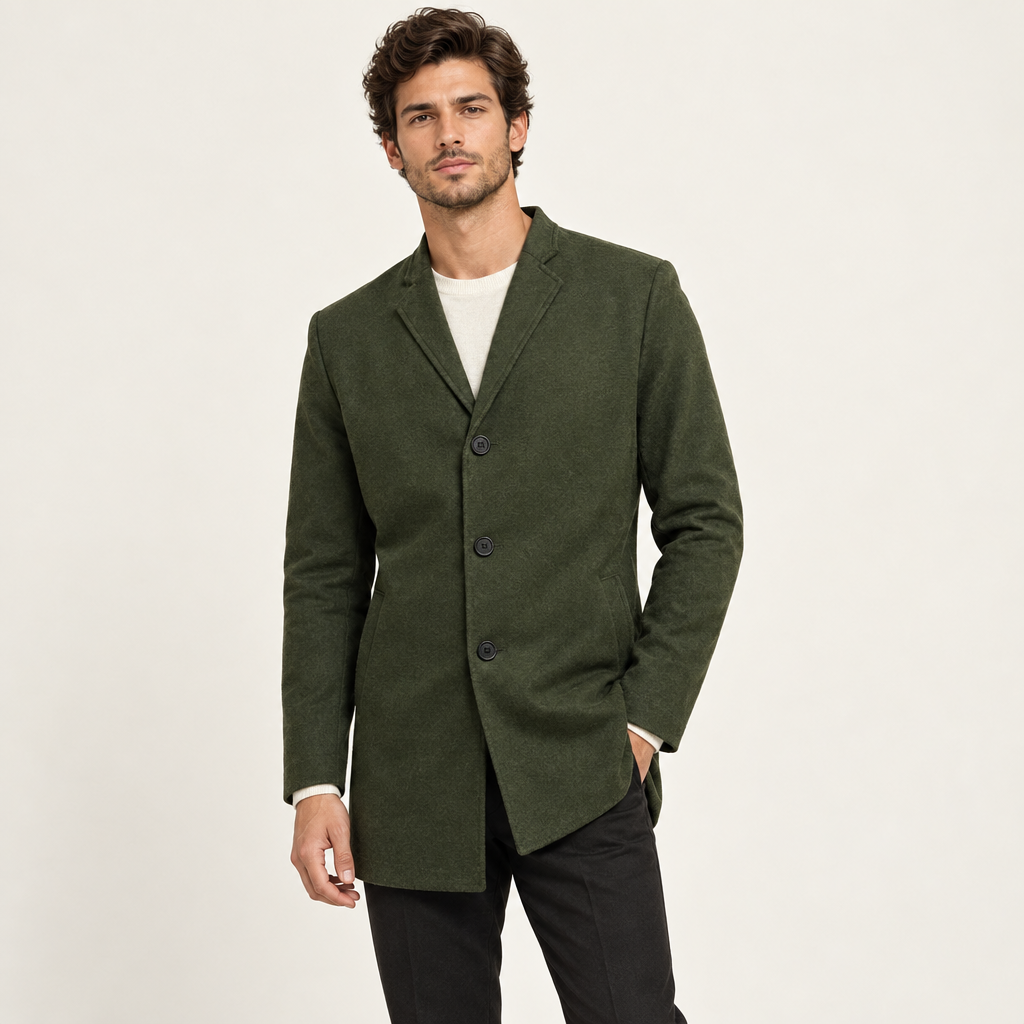 Green collarless wool-blend jacket with a tailored slim fit, worn by a model