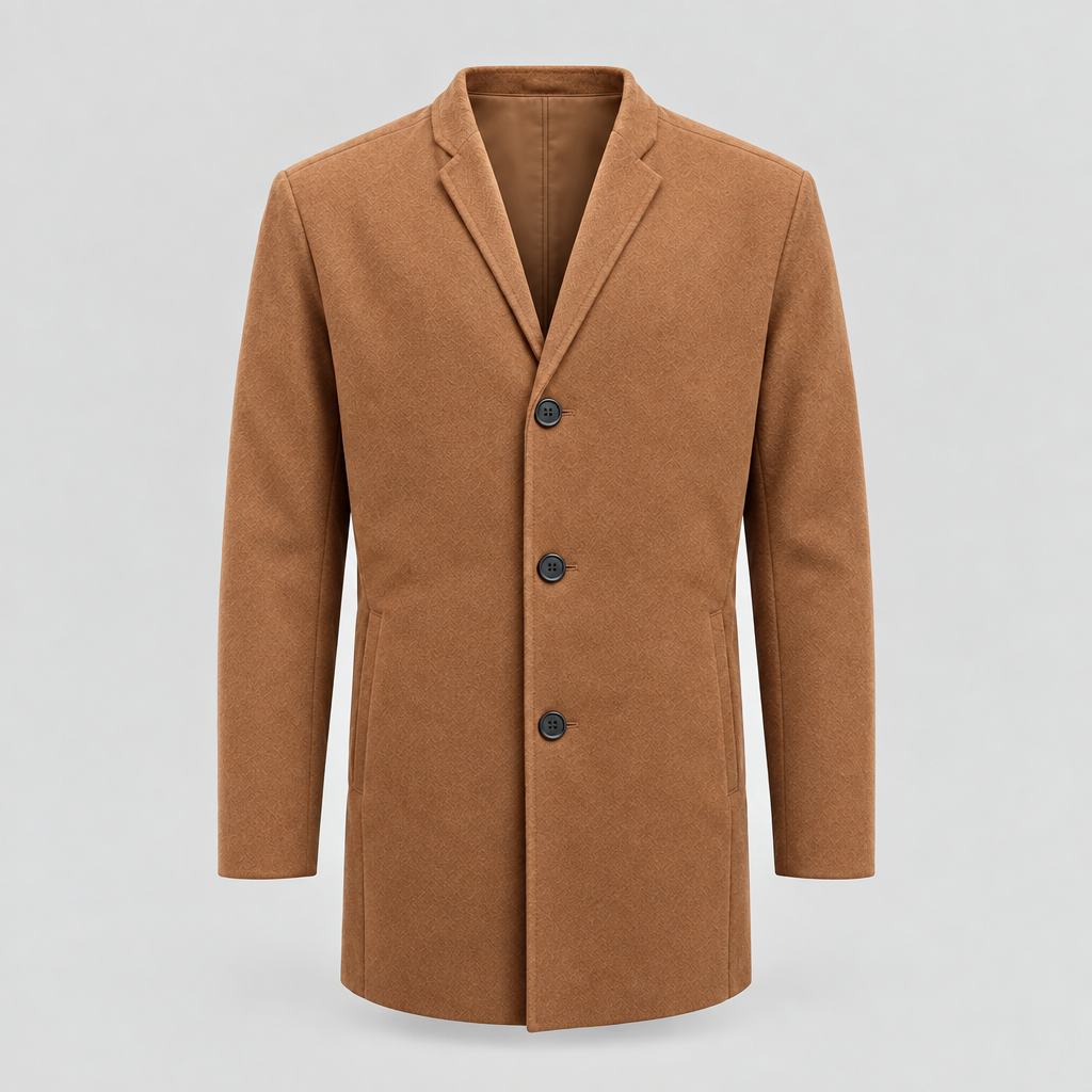 Camel collarless wool-blend jacket front view