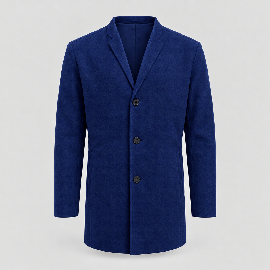 Blue collarless wool-blend jacket front view