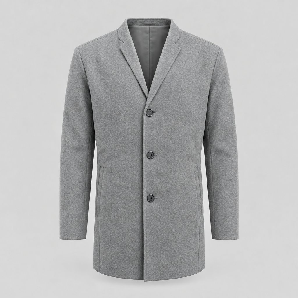 Grey collarless wool-blend jacket front view