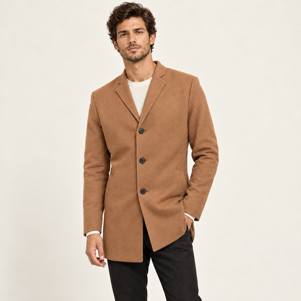 Camel collarless wool-blend jacket with a tailored slim fit, worn by a model