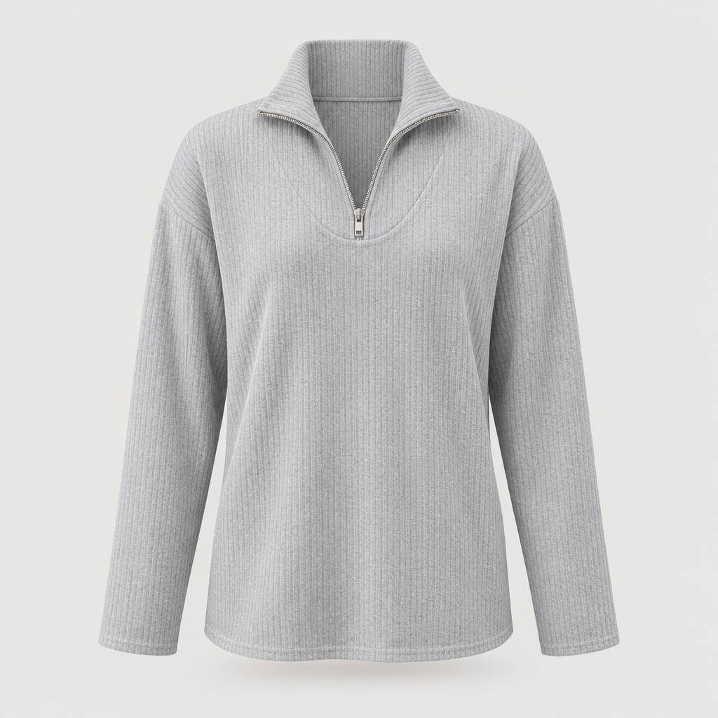Grey ribbed half-zip top with stand collar, front view