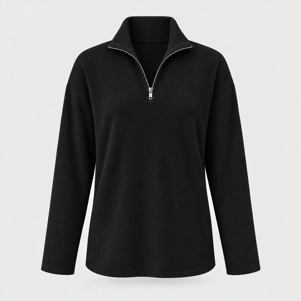 Black ribbed half-zip top with stand collar, front view