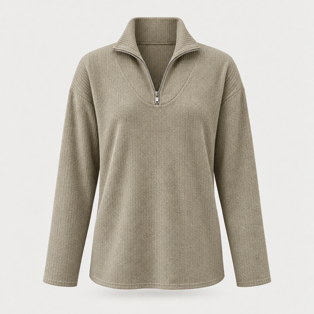 Khaki ribbed half-zip top with stand collar, front view