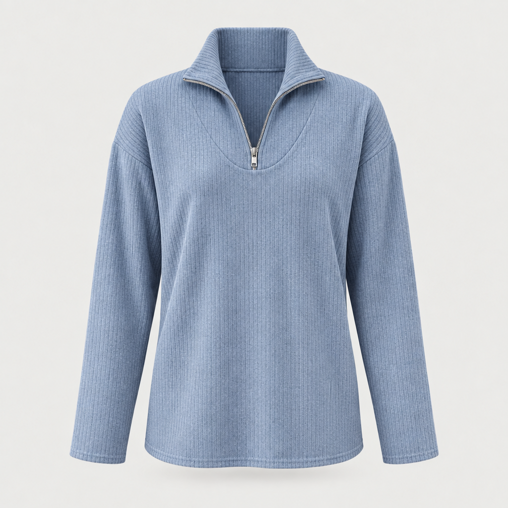Blue ribbed half-zip top with stand collar, front view
