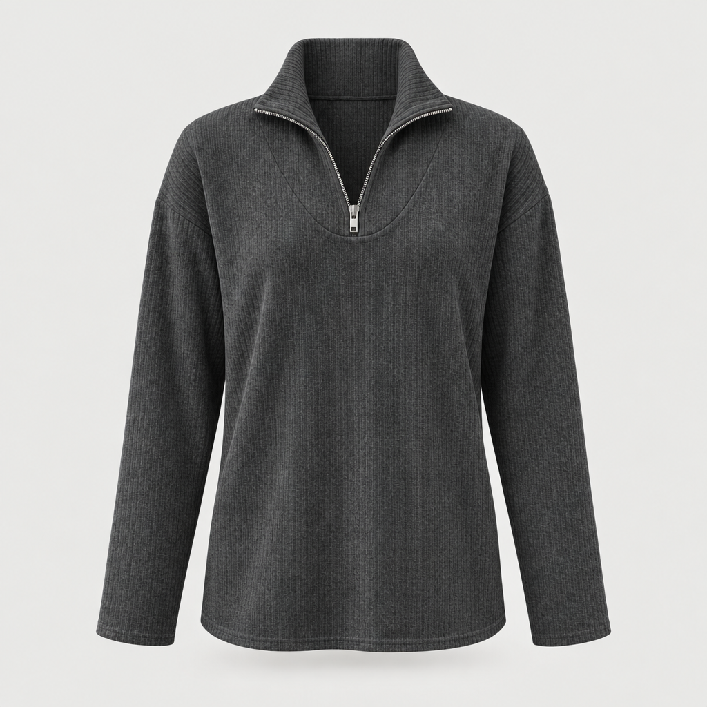 Dark grey ribbed half-zip top with stand collar, front view