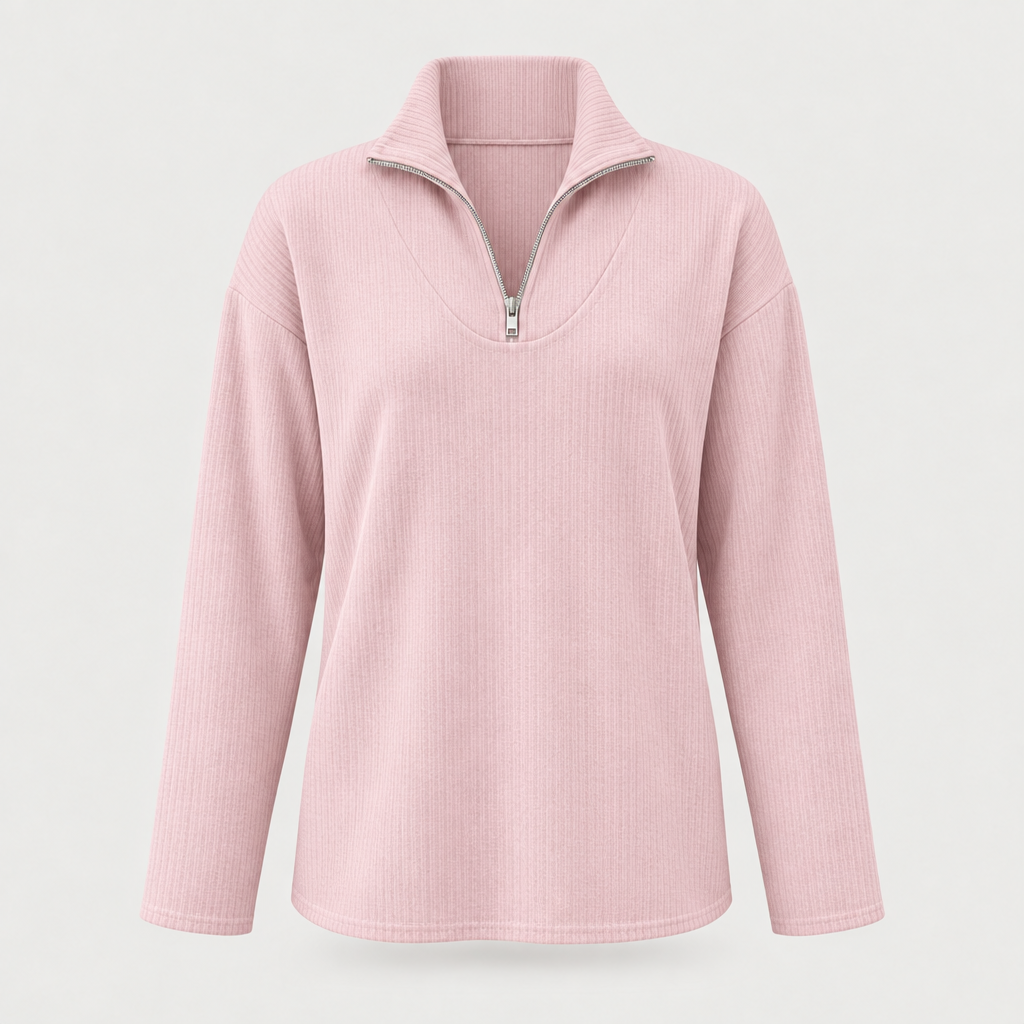 Pink ribbed half-zip top with stand collar, front view