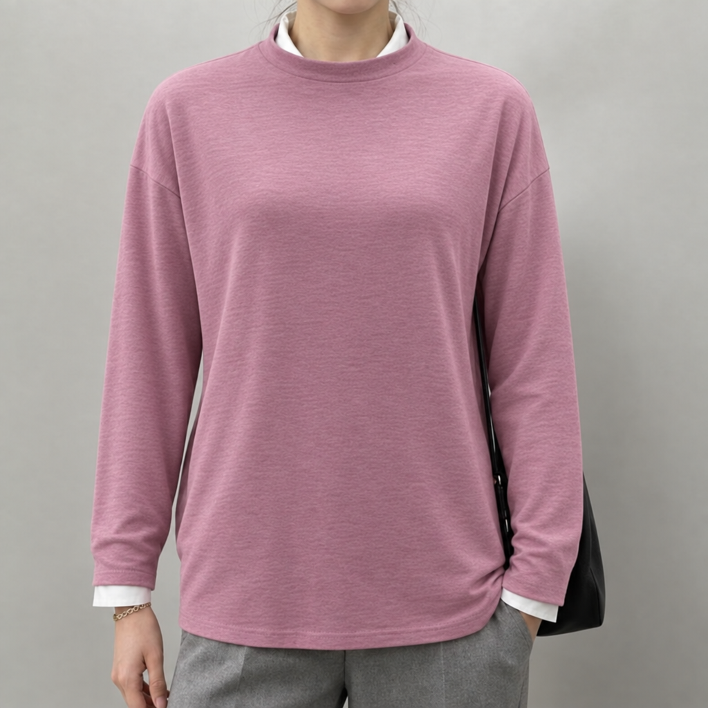 Pink lightweight round neck jumper layered over a white shirt, worn by a model